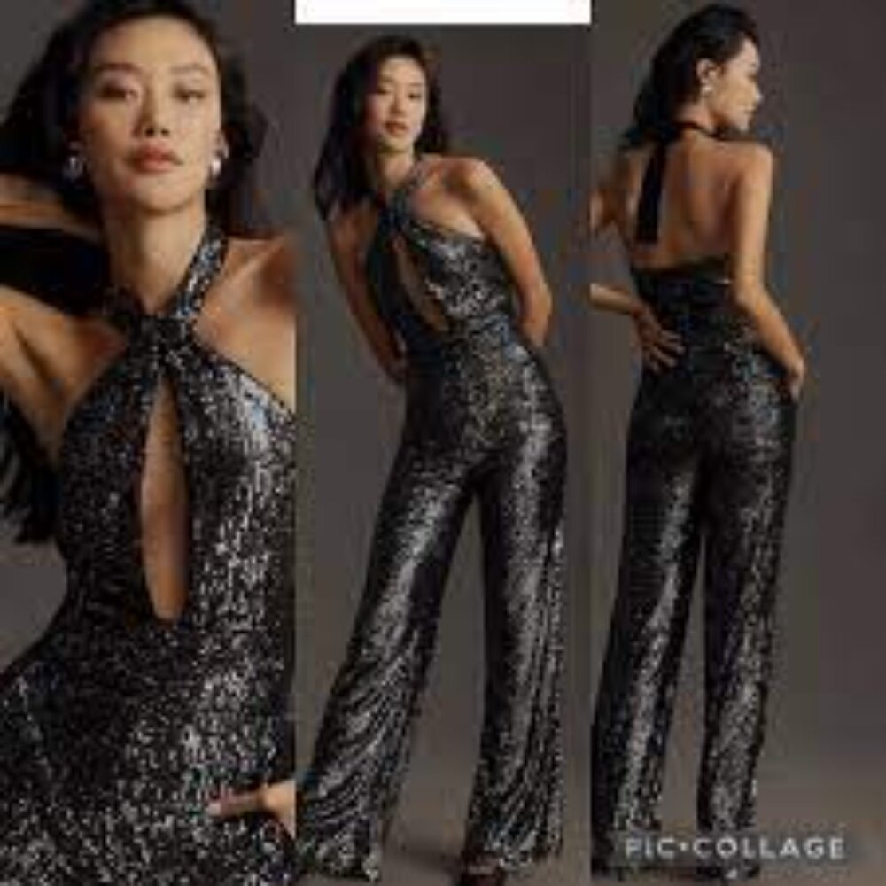 Maeve Anthropologie black sequin wide leg holiday festive sexy jumpsuit size 8